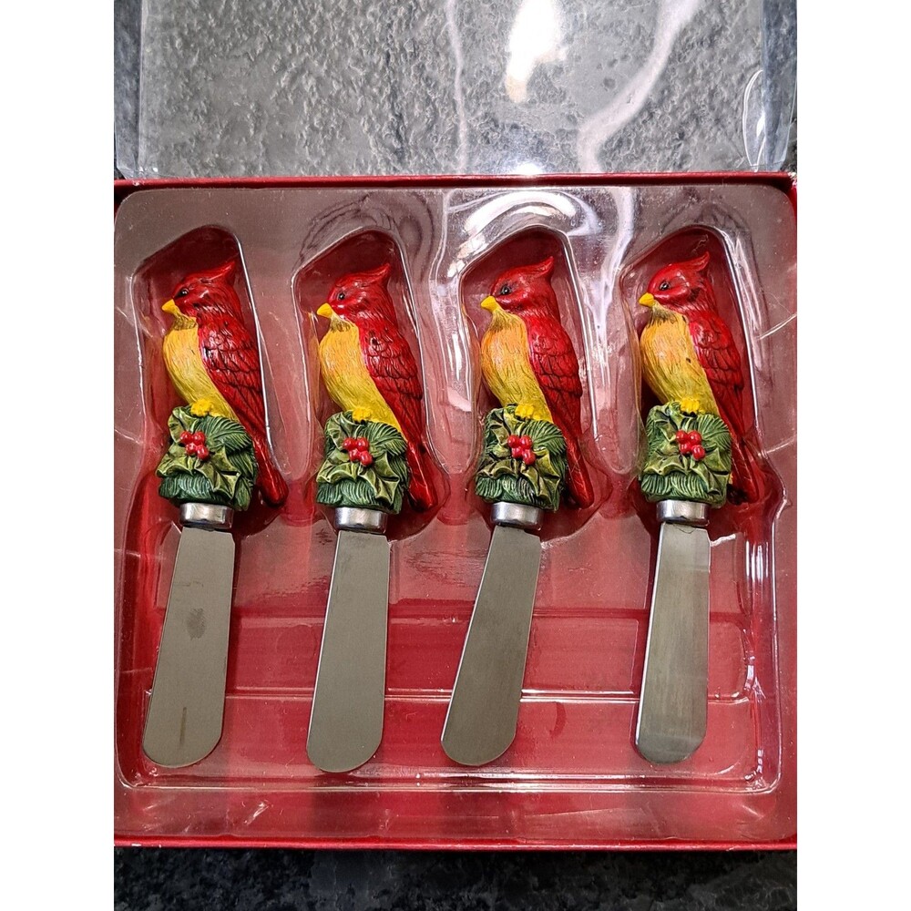 Certified International Cardinal Bird Holiday Cheese Spreader Set of 4 in Box